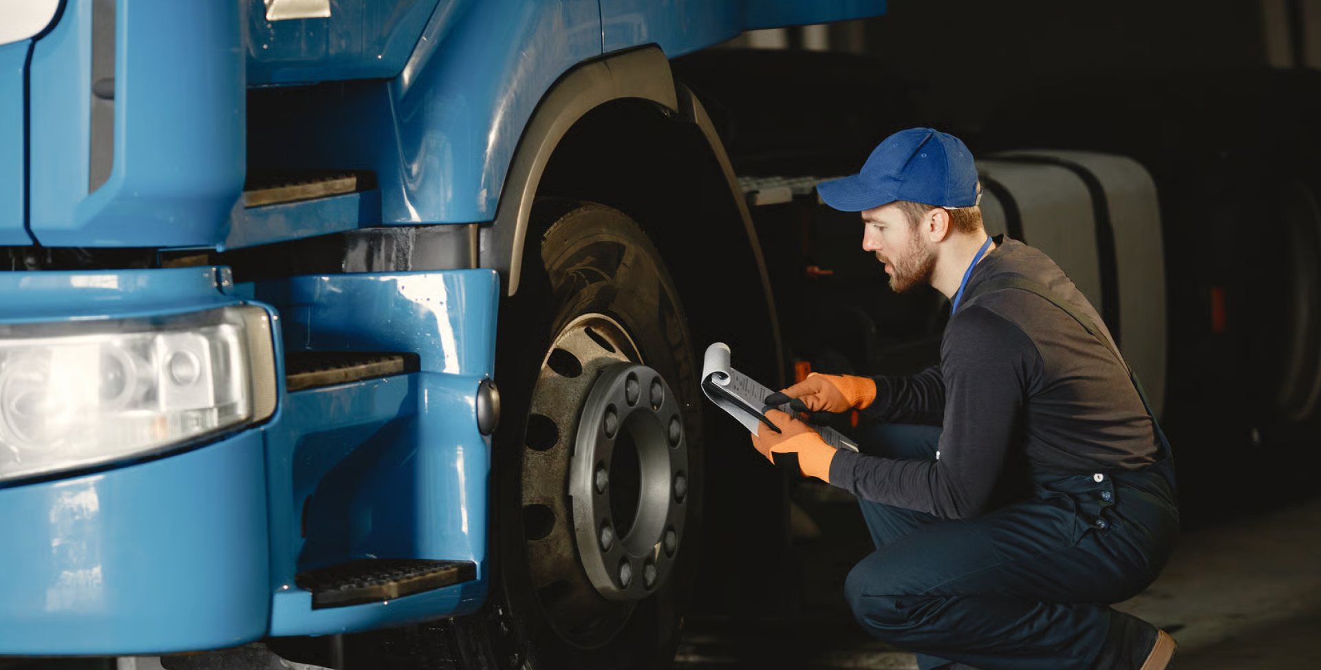 Mechanic inspecting a heavy vehicle wheel